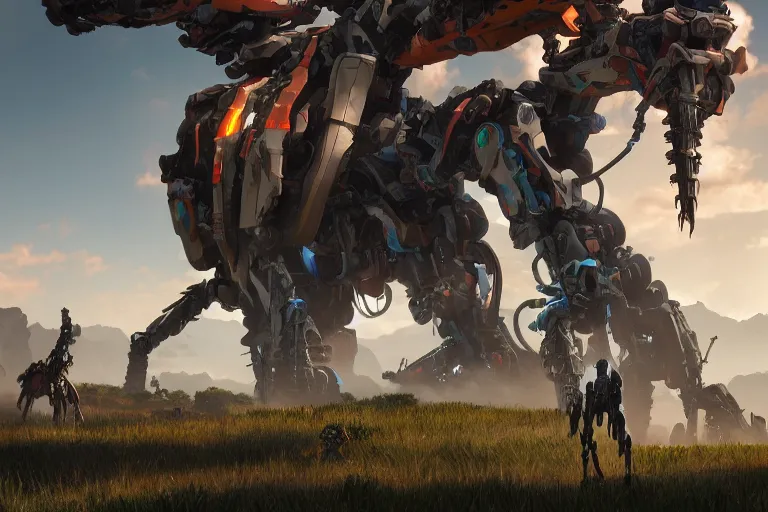 Image similar to longleg machine mecha animal beast robot of horizon forbidden west horizon zero dawn bioluminiscence global illumination ray tracing hdr fanart arstation by sung choi and eric pfeiffer and gabriel garza and casper konefal