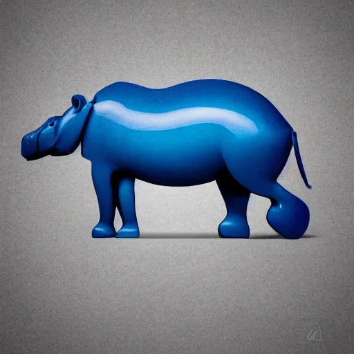 Image similar to a museum - quality stylized wood and epoxy hippopotamus made of polished wood grain with a blue epoxy ceramic head, hd photograph, matte gray background