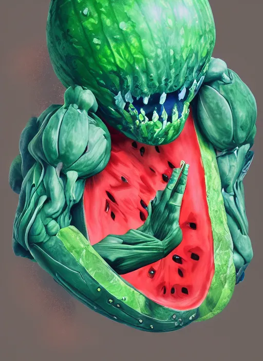 Prompt: semi realistic gouache painting, by bana benedick, by ruan jia, by eng kilian, by denning guy online artists, detailed anime 3 d render of a monstruous watermelon alien, a magical monster watermelon, cgsociety, artstation, rococo mechanical, digital reality, sf 5 ink style,