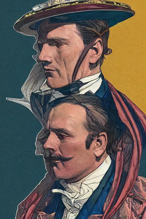 Image similar to zoomed out portrait of a duke, victorian era, art deco style, stylized illustration by moebius and juan gimenez, watercolor gouache detailed paintings in style of syd mead, ridley scott, metabaron, mucha, ghibli studio and disney vibe, vivid colorful comics style, clean line, diesel punk, artstation