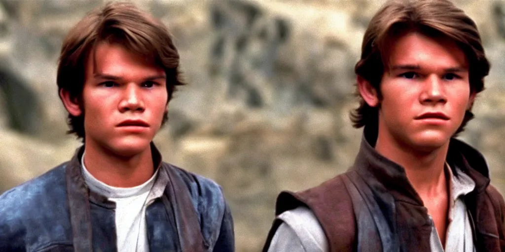 Prompt: A full color still from a film of a teenage Han Solo as a Jedi padawan, from The Phantom Menace, directed by Steven Spielberg, 35mm 1990