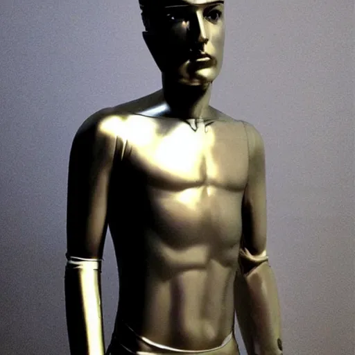 Image similar to “a realistic detailed photo of a guy who is an attractive humanoid who is half robot and half humanoid, who is a male android, twitch streamer and youtuber Ludwig Ahgren, shiny skin, posing like a statue, blank stare”