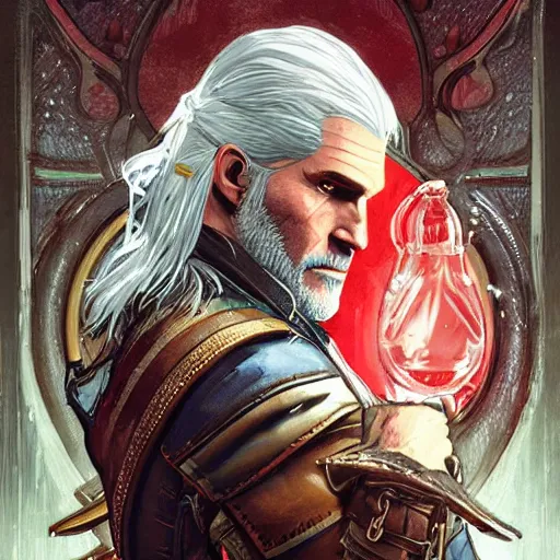 Image similar to geralt the witcher 3 drinking coca cola d & d fantasy intricate elegant highly detailed digital painting artstation concept art matte sharp focus illustration hearthstone art by artgerm art by greg rutkowski art by alphonse mucha