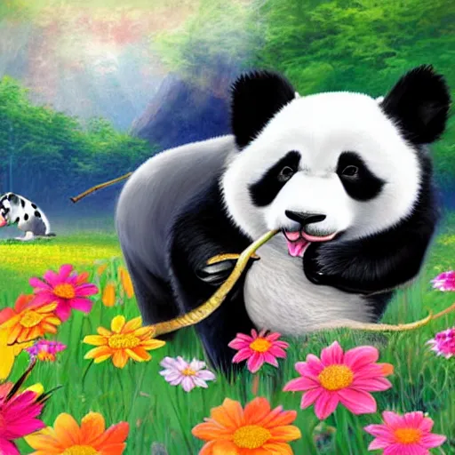 Image similar to beautiful panda riding an elephant among flowers chasing corgi, many small details, post modern style, digital art