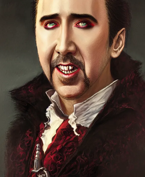 Prompt: Nicolas Cage as Dracula, highly detailed, centered, artstation, concept art, smooth, sharp focus, illustration, bokeh art by artgerm and donato giancola and Joseph Christian Leyendecker