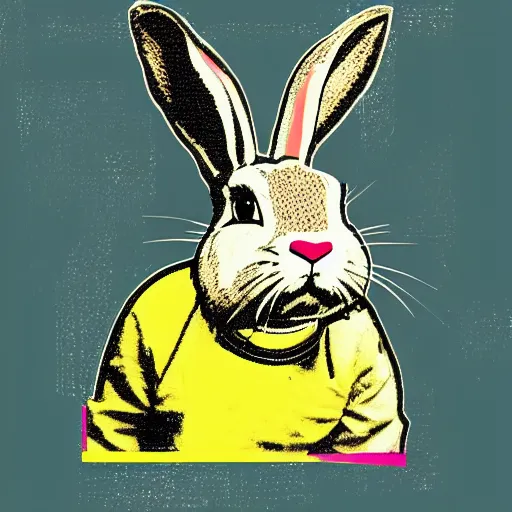 Image similar to a rabbit wearing a vr hmd in the style of andy warhol