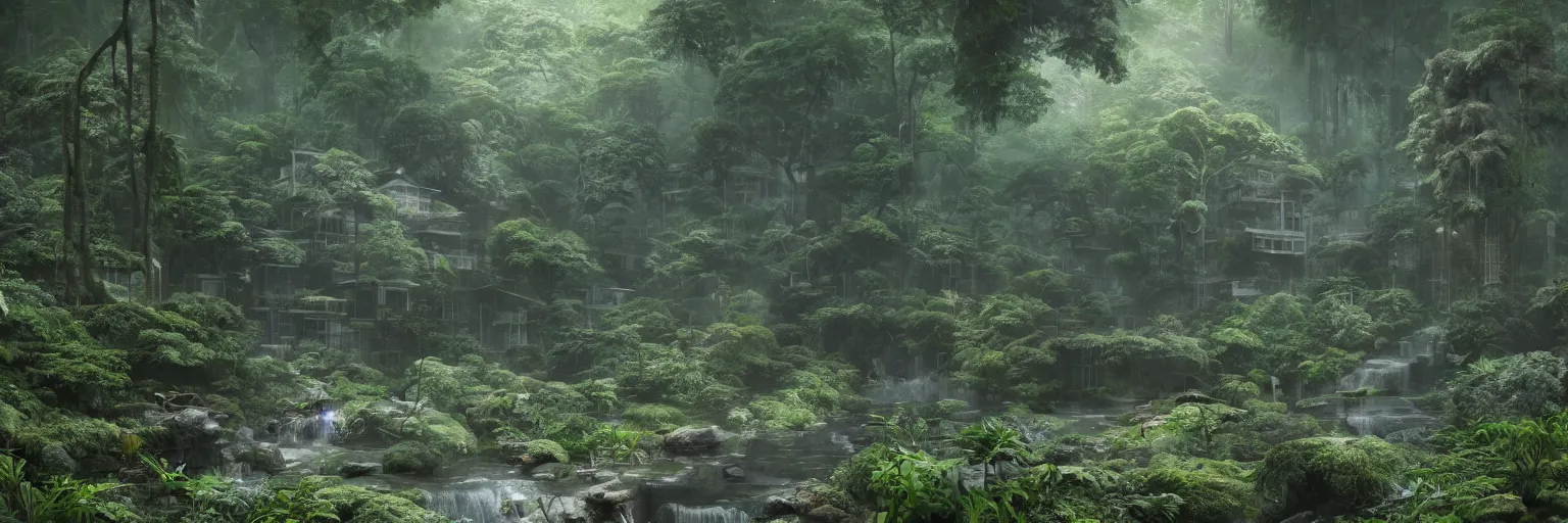 Prompt: japanese metabolism architecture deep in the rainforest. nature is taking over. matte painting in the style of craig mullins. mist. cinematic. octane render.