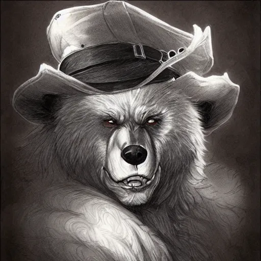 Image similar to dashing charming grinning charismatic bear beast-man rogue, wearing captain's tricorne hat, naval background, amazing, lifelike award winning pencil illustration trending on art station artgerm Greg rutkowski cinematic