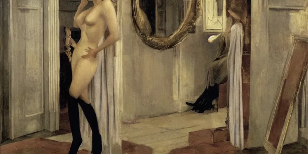 Prompt: Scarlett Johansson in a painting by Paul Delvaux