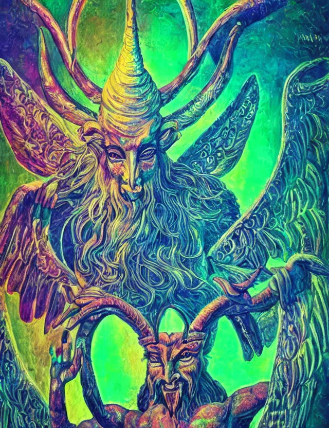 Prompt: the ancient god Baphomet, horned god of wisdom gnostic mystery religion, oil painting (beautiful), chromatic aberration strange colors