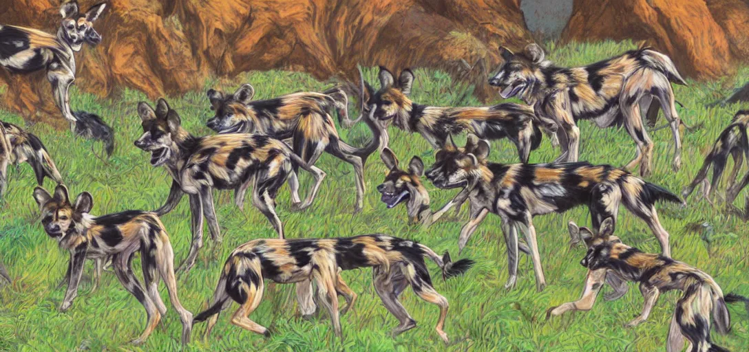 Image similar to pack of african wild dogs near a watering hole, painted by studio ghibli with psychedelic colors