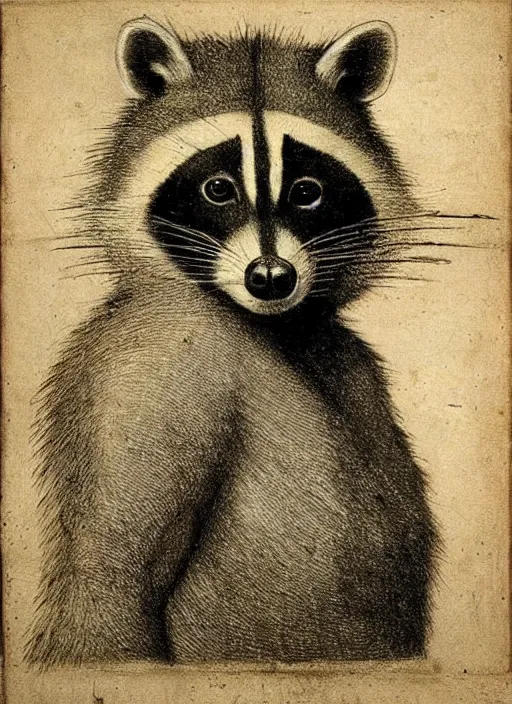 Image similar to self portrait of a racoon in the style of Leonardo Da Vinci, very detailed, drawing