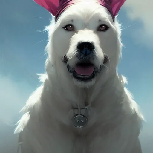 Image similar to a white dog wearing a blue cap,Character design by charlie bowater, ross tran, artgerm, and makoto shinkai, detailed, inked, western comic book art, 2021 award winning painting,digital art,ultra realistic,ultra detailed,art by greg rutkowski,detailed face,hyperdetailed,photorealistic