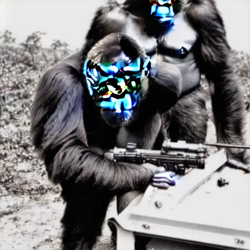 Prompt: A gorilla manning the machine gun mounted on the back of a technical