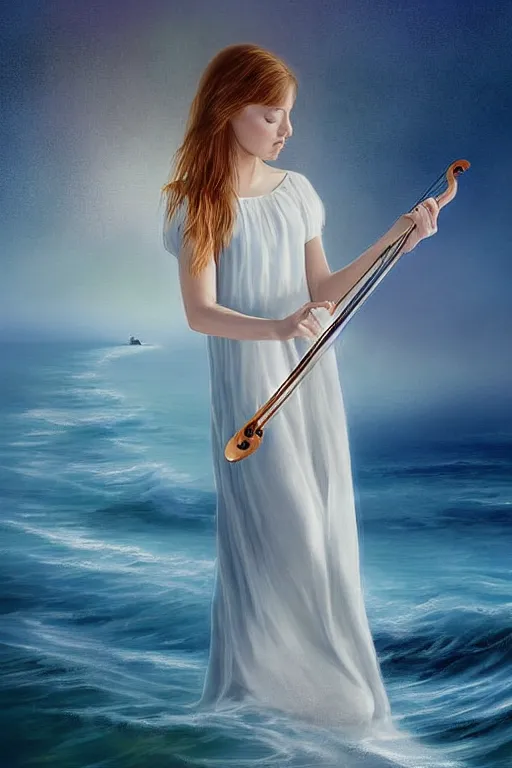 Prompt: beautiful mystical digital painting girl playing violin wearing a long white dress over a wavy ocean by Victor hughes