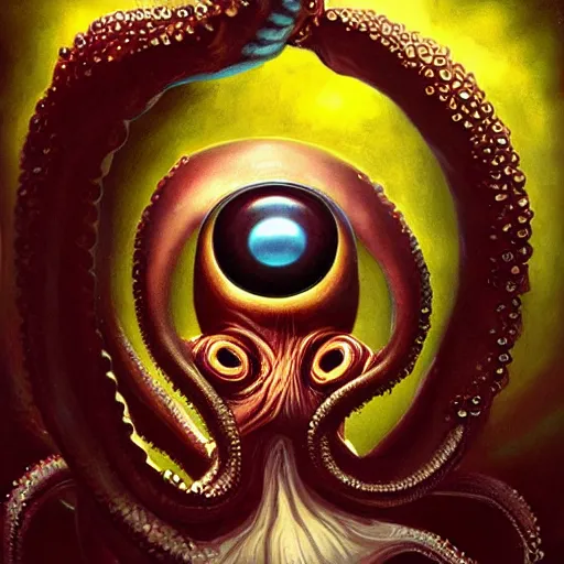 Prompt: queen octopus with a giant eyeball pearl head by Anato Finnstark, Tom Bagshaw, Brom