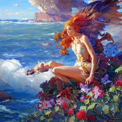 Prompt: the cirrus cloud tribe has brought gifts to our village, fantasy splash art by Michael Garmash, Donato Giancola