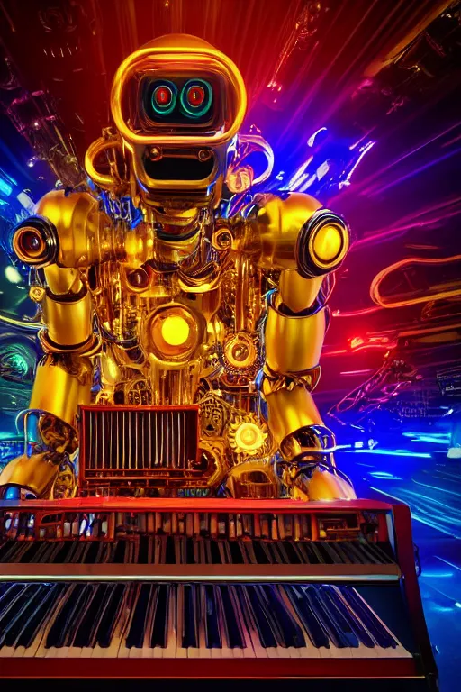 Image similar to portrait photo of a giant huge golden and blue metal humanoid steampunk robot keyboarder with multicolored big gears and tubes, a red piano, eyes are glowing red lightbulbs, shiny crisp finish, 3 d render, 8 k, insaneley detailed, fluorescent colors, background is multicolored lasershow