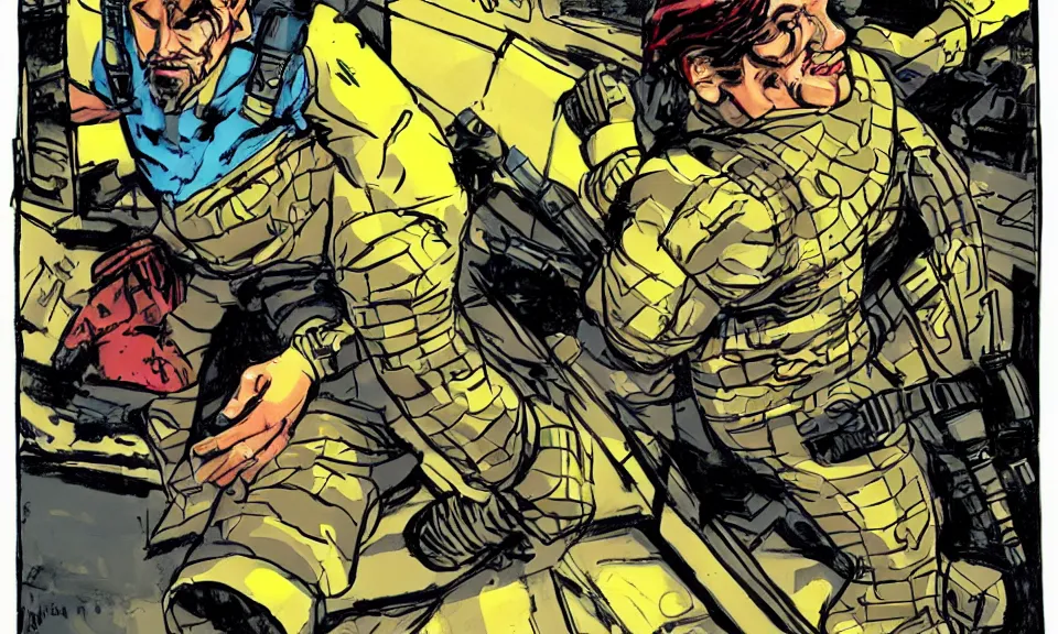 Image similar to solid snake sneaking into a hangar mead and jack kirby, color scheme, kirby crackle, arik roper, concept art