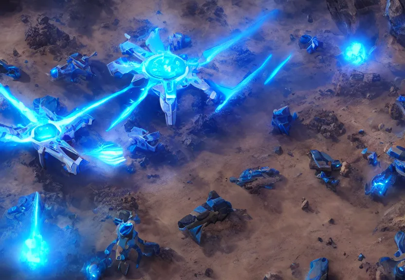 Prompt: protoss drones mining blue minerals beautiful art uhd 4 k, artstation, hdr, 4 k, incredible detail, cinematic lighting, unreal engine 5