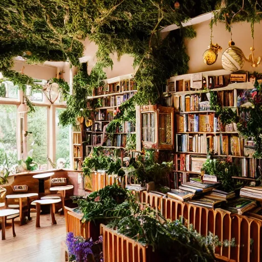 Prompt: Dreamy photo of a very very cozy bookstore cafe that is nestled into the lush PNW woods, lush plants and flowers, sleepy feeling, magical feeling, hazy, film grain, muted color palette, castles and temple details, ornaments, in the style of Gucci, photographed by Petra Collins and Wes Anderson, magic details, 8k, trending on artstation, very detailed -W 910