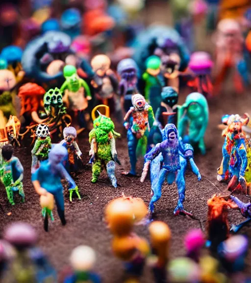 Image similar to miniature figurines of monsters, tilt shift, product photography, hyper color