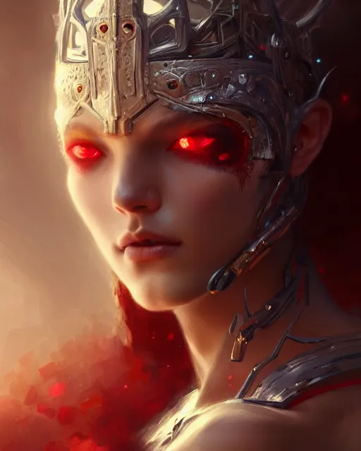 Image similar to concept art by artgerm, super attractive i robot demon queen with crown and red eyes, art by by gaston bussiere and greg rutkowski, soft natural light, intricate, elegant close - up portrait, highly detailed, digital painting, artstation, concept art, smooth, sharp focus, illustration, symmetry!!