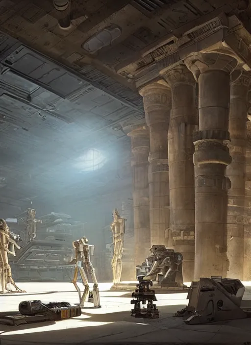 Image similar to sci fi robot repairshop inside of an egyptian temple, james gurney, katsuhiro otomo, james paick, cinematic lighting, artstation, craig mullins, greg rutkowski, pete morbacher, tuomas korpi, volumetric light, artstation, octane render, redshift render, low angle camera, intricate, 8 k -