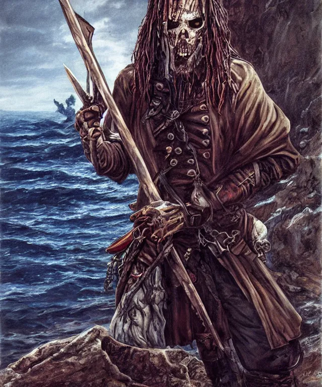 Image similar to ultra realistic color portrait painting of an undead 1 7 th century pirate with a sword in a grotto, dark, painted, brooding, atmospheric, seascape, horror, smooth, epic, highly detailed, cinematic, by larry elmore