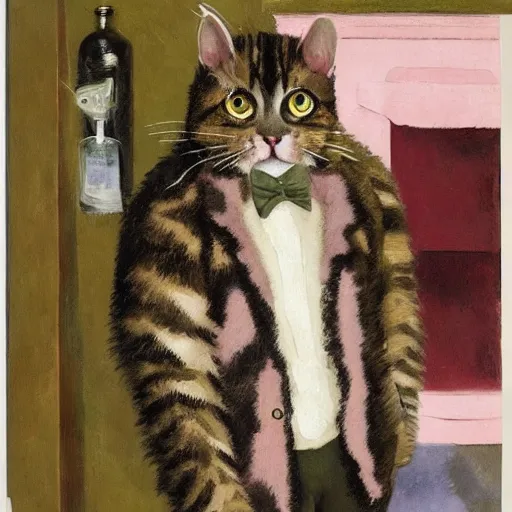 Image similar to absolutely yoked shredded physique fuzzy furry ears Portrait of Lou Ferrigno camouflaged as Tabby Cat whilst wearing a pink tuxedo Standing atop a Garbage Truck Greg Rutkowski Eric Ravilious Paul Cezanne Andrew Wyeth Jamie Wyeth