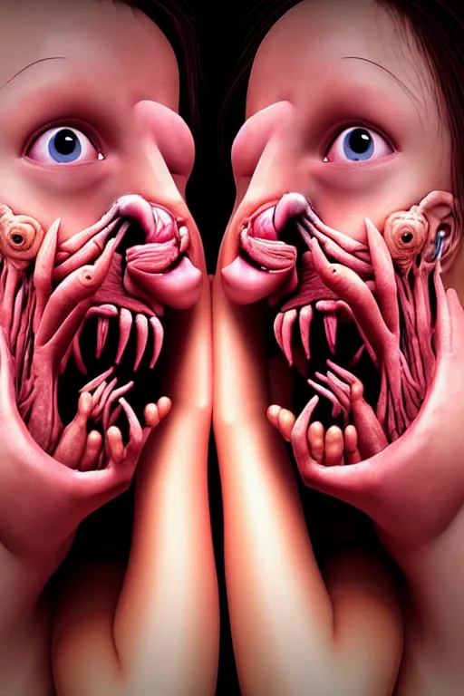 Prompt: disturbingly realistic photograph of hands attached to mouths attached to ears attached to eyes, body horror, accurate anatomy