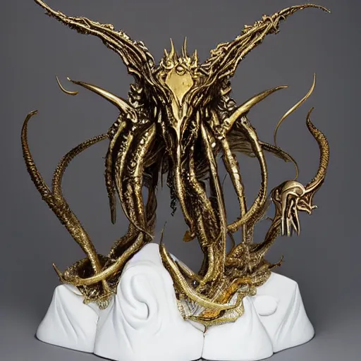 Image similar to angelarium, illithid, cthulhu, white with gold accents, sculpture by ellen jewett, black background