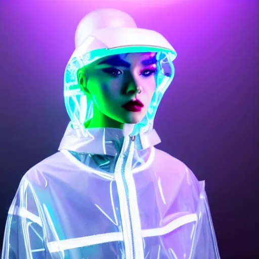 Image similar to an ultra high definition professional studio quality photograph of an artificial celebrity cyberpunk pop star wearing a transparent iridescent perspex pastel coloured face visor and matching raincoat on white coat hook in an empty white room. dramatic lighting. volumetric shadows. light rays