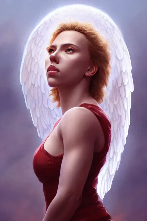 Prompt: Scarlett Johansson as a Heavenly Angel ,anatomy, only two hands, highly detailed, digital painting, artstation, concept art, smooth, sharp focus, illustration, Unreal Engine 5, 8K, art by art by artgerm and greg rutkowski and edgar maxence