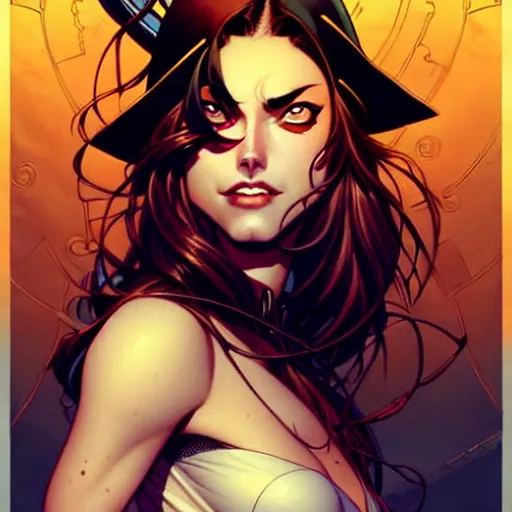 Image similar to artgerm, joshua middleton comic cover art, pretty pirate phoebe tonkin smiling, symmetrical eyes, symmetrical face, long curly black hair, on a pirate ship background, warm colors