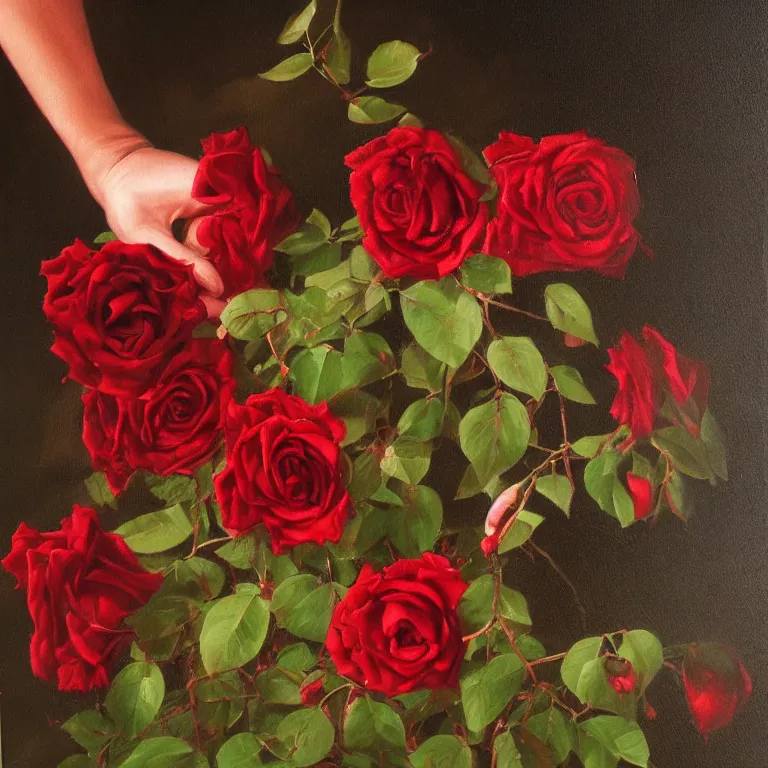 Prompt: a drop of red blood fell from the finger of the woman's hand and falls down a bush with roses, oil painting style,