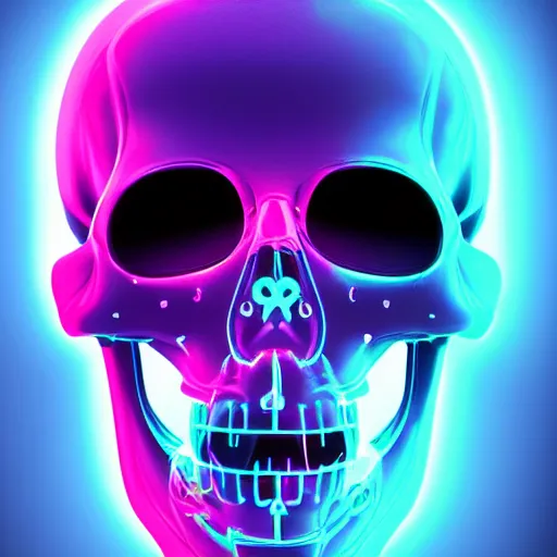 Image similar to cybernetic happy human scull with with , blue neon light and smoke and purple lighting