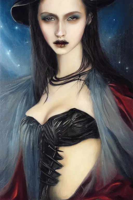 Image similar to by inci eviner oil painting, close - up portrait of european medieval brunette vampire fashion model, knight, steel gradient mixed with nebula sky, in style of baroque