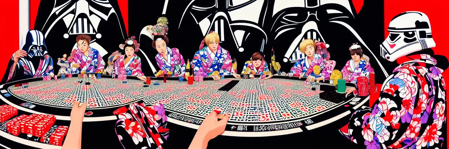 Image similar to hyperrealism composition of the detailed woman in a japanese kimono sitting at an extremely detailed poker table with darth vader and stormtrooper, fireworks on the background, pop - art style, jacky tsai style, andy warhol style, acrylic on canvas