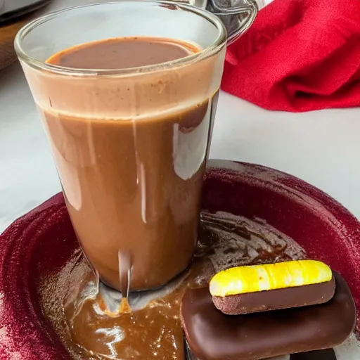 Prompt: a hotdog soaking in a cup of fancy chocolate milk