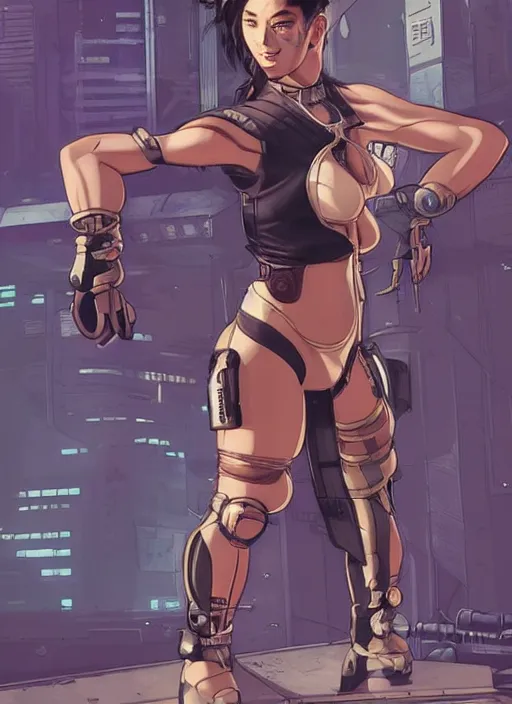 Image similar to chun li. cyberpunk mercenary in tactical harness and jumpsuit. spin kick. portrait by stonehouse and mœbius and will eisner and gil elvgren and pixar. realistic proportions. dystopian. cyberpunk 2 0 7 7, apex, blade runner 2 0 4 9 concept art. cel shading. attractive face. thick lines.