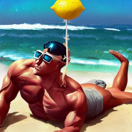 Prompt: a lemon with sunglasses as a extremely muscular man lying on a beach trending on artstation, painted by greg rutkowski