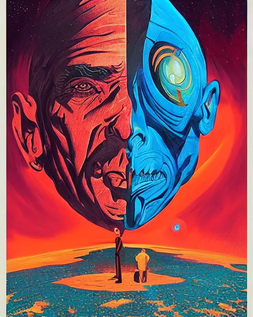 Prompt: a painting of a man standing in front of a giant face, poster art vincent di fate and jack gaughan and dan mumford, cgsociety, space art, lovecraftian, cosmic horror, poster art