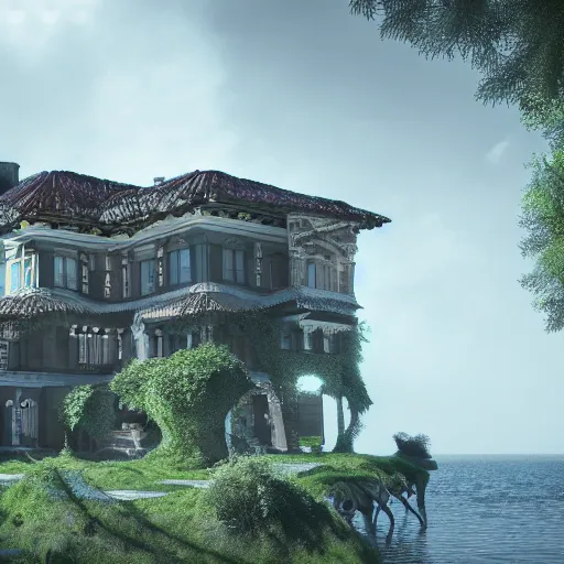 Prompt: fractal villa on edge of a lake, photorealistic, cinematic, volume light, rendered in octane, artstation