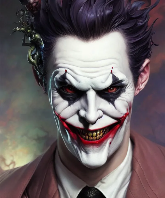 Image similar to beautiful evil fantasy baby joker portrait, ultra realistic, wide angle, intricate details, the fifth element artifacts, highly detailed by peter mohrbacher, hajime sorayama, wayne barlowe, boris vallejo, aaron horkey, gaston bussiere, craig mullins