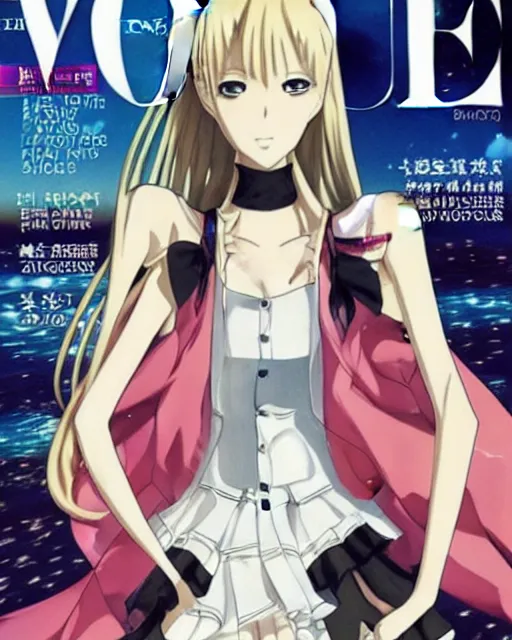 Image similar to anime girl on the cover of vogue wearing balenciaga, ufo table,