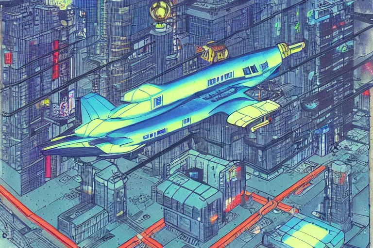 Image similar to cyberpunk buildings with a flight vehicle glowing in the sky, neon sign, bottom view ， bladerunner, by hiroshige utakawa