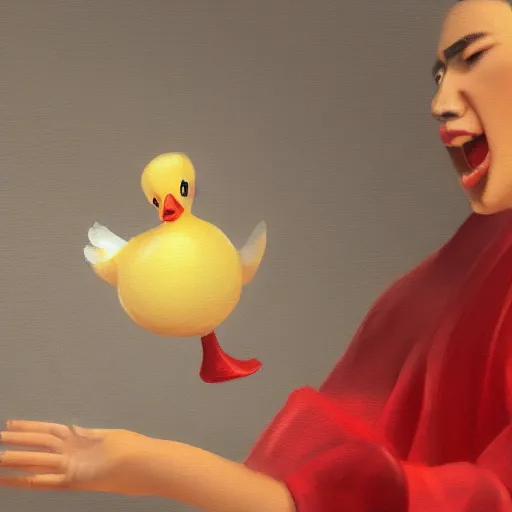 Image similar to cute duck, wearing cultist red robe, doing witchcraft, expressive oil painting, digital art, octane render