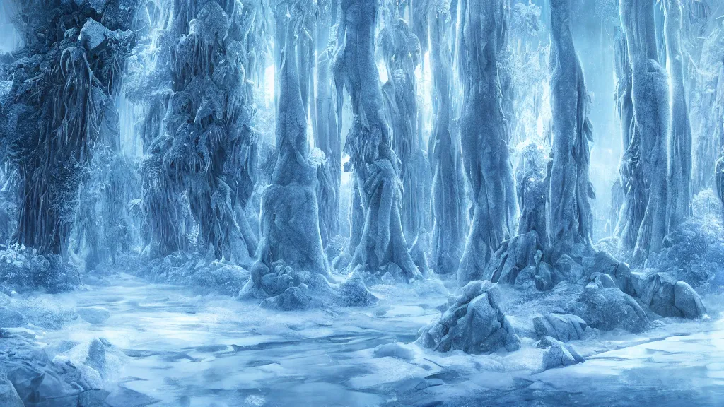 Image similar to ice forest, fantasy artwork, very very very beautiful scenery, hd, hdr, ue5, ue6, unreal engine 5, cinematic 4k wallpaper, 8k, ultra detailed, high resolution, artstation, award winning