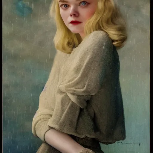 Image similar to Elle Fanning at night, stormy weather, extremely detailed masterpiece, oil on canvas, Roger Deakin’s cinematography, by Norman Rockwell and Peter Reubens,